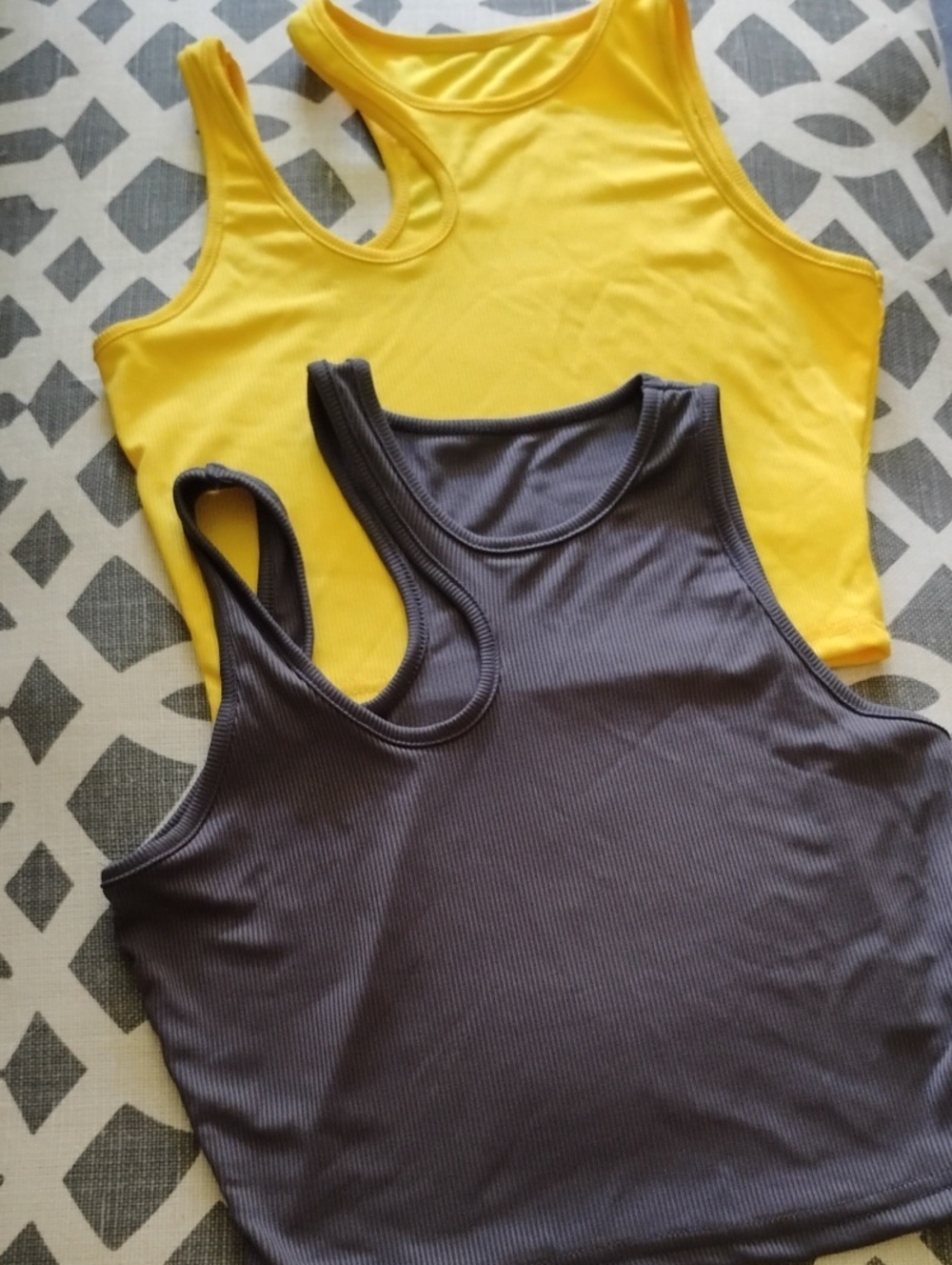 SHEIN Yellow and Charcoal Ribbed Racerback Tank Tops